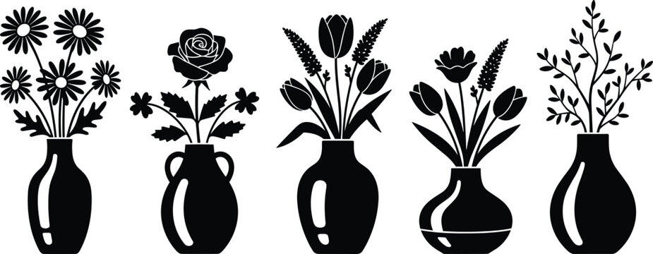Flower vase silhouette set with daisy, rose, tulip, and leafy branch arrangements, vector artwork