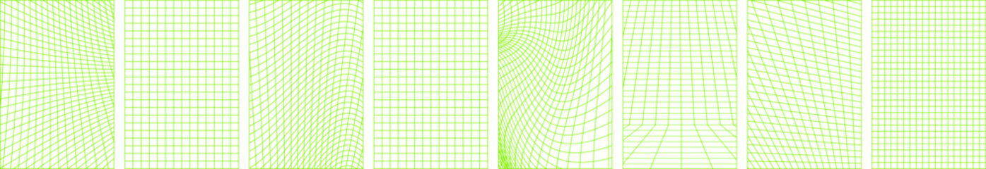 Obraz premium Distorted grids set isolated on transparent background. Neon green vertical backgrounds collection. 90s, 2000s futuristic wireframe, vaporwave clip art. Modern retro vector illustration 