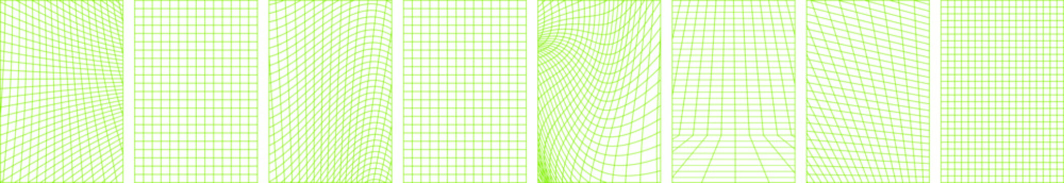 Distorted grids set isolated on transparent background. Neon green vertical backgrounds collection. 90s, 2000s futuristic wireframe, vaporwave clip art. Modern retro vector illustration 