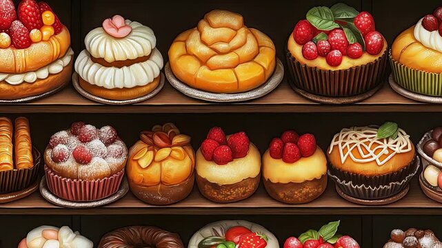 Mouth watering pastries and cakes, beautifully decorated with fruits and cream, sit on display in a bakery window