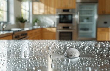 Condensation water drops on a stainless steel kitchen countertop.