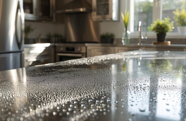 Condensation droplets on steel kitchen counter in morning light.