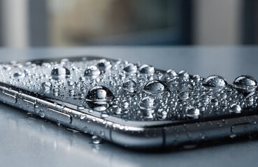 Close up of a waterproof smartphone covered in water droplets.