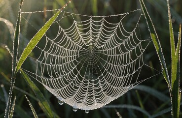 Spiderweb with dew drops on grass in early morning sunlight.