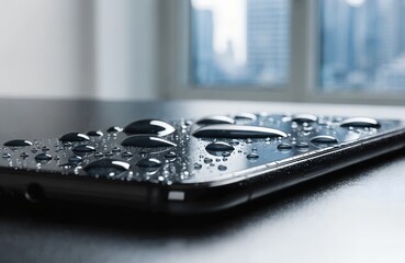 Waterproof smartphone with water drops on the screen in a modern office.