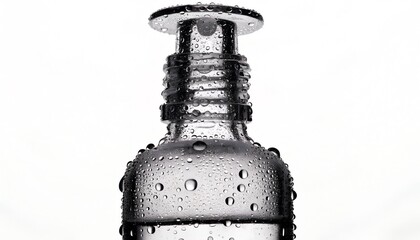 Cosmetic glass bottle with water drops on white background.