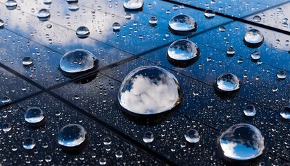 Water droplets on a solar panel reflecting the sky for renewable energy.