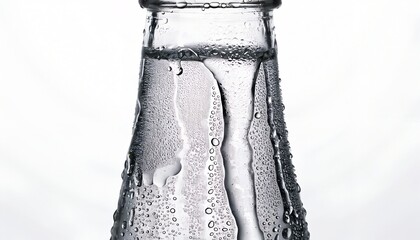 Chilled glass bottle with water condensation on white background.