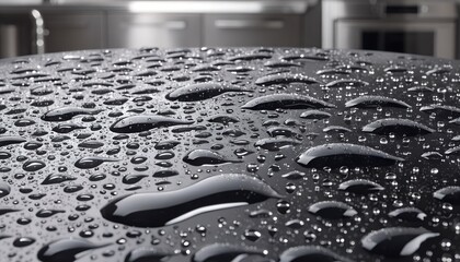 Water droplets on sleek black countertop in modern kitchen.
