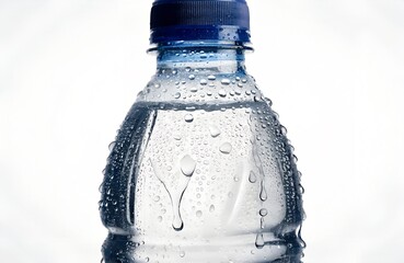 Cold plastic water bottle with condensation on a clean white background.