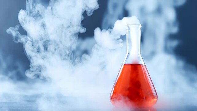 White smoke is coming out from a glass erlenmeyer flask containing a red liquid on a gray background
