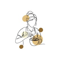 One-line female barista art with earthy abstract shapes. Minimalist continuous line drawing of coffee brewing for trendy cafe branding.