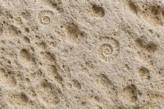 Macro texture of sedimentary limestone with round holes and ancient fossil traces