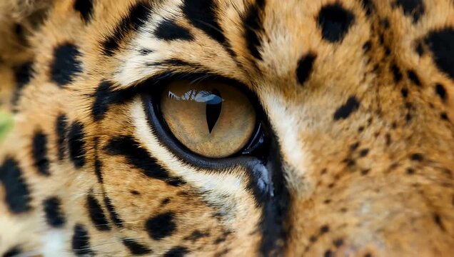 mesmerizing 4K close up of leopard&rsquo;s eye showcasing intricate fur patterns detailed spots and intense gaze with background subtly blurred perfect for wildlife documentaries animal focused stock
