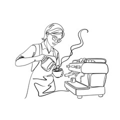 Minimalist one-line barista art with trendy abstract shapes. Continuous line drawing of a woman making coffee for modern cafe branding and aesthetic decor.