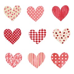 Set of decorative patterned hearts for valentines day celebration with floral stripes and dots textures on white background