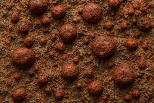 Round iron concretion formations scattered across a coarse rusty orange substrate