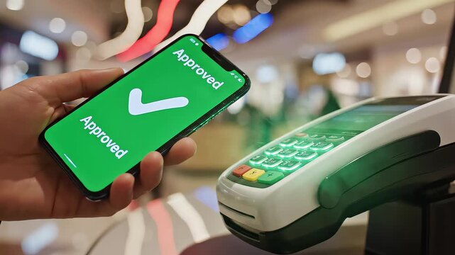 Mobile payment successful transaction confirmed close up