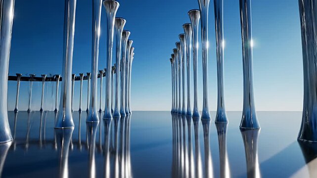 Shiny metallic pillars on reflective surface under blue sky