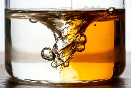 Oil and water mixing vortex in glass beaker during chemical emulsion test