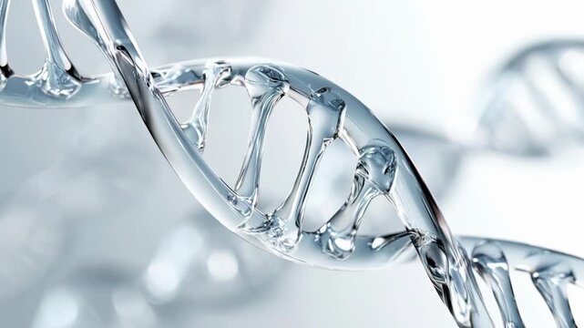 seamless looped Transparent dna strand with a double helix structure slowly rotating against a clean, bright background, illustrating concepts of genetics, biotechnology, medicine, and cosmetic scienc