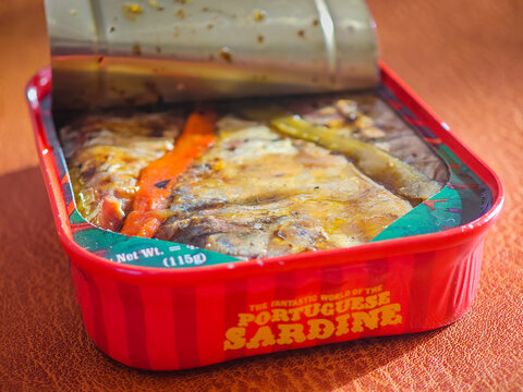 02 18 2026 - Libson, Portugal. Sardines in a can. Colorful can with sardines with pepper in oil. Canned sprats close up photo. Healthy meal concept. The Fantastic World of Portuguese Sardine