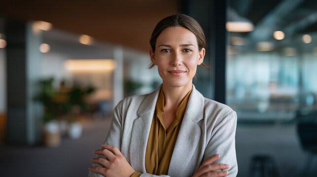 Confident faceless woman in professional attire standing in corporate office business professional executive presence workplace confidence professional success corporate