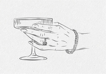 Hand with diamond ring and bracelet holding champagne glass drawing in graphic vintage style on white background © anna42f
