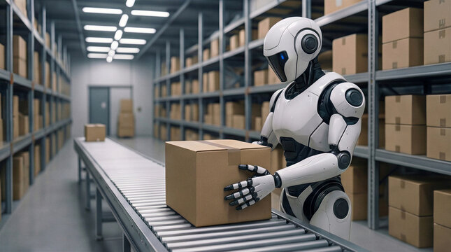 Bionic worker placing cardboard box on conveyor belt in distribution center. Automated logistics system with humanoid robot managing inventory in large warehouse facility.