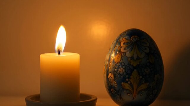 Easter Candle Light with Decorated Egg in Warm Evening Glow