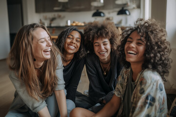 Obraz premium Four young women sitting close together in a living room, laughing and smiling. Casual clothing and natural light create a relaxed home environment.