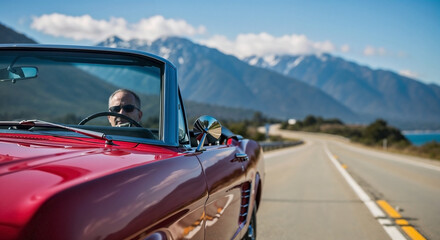 Naklejka premium Man drives classic convertible road trip on highway, lake and mountains background. Vintage red car offers freedom, driver enjoys memorable convertible road trip.