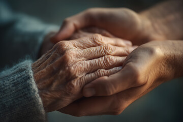 Close up of a wrinkled elderly hand gently held by two younger adult hands in soft natural light, symbolizing care and support.