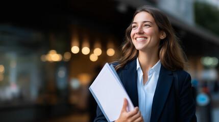 Fototapeta premium Happy faceless businesswoman holding folder smiling young professional in formal wear holding papers and looking aside on street professional occupation concept urban business