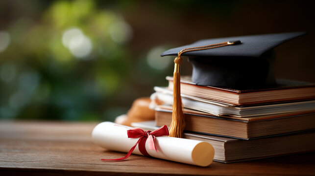 Educational background composition showing stack of books with graduation cap on top and diploma certificate next to it academic achievement educational success graduation