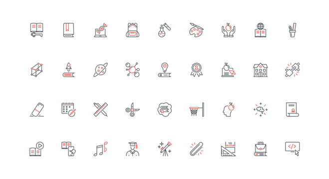 School and university education, online training and course, video lesson line icon set. Book and classroom, graduate cap, learning instruction thin black and red outline symbols vector illustration