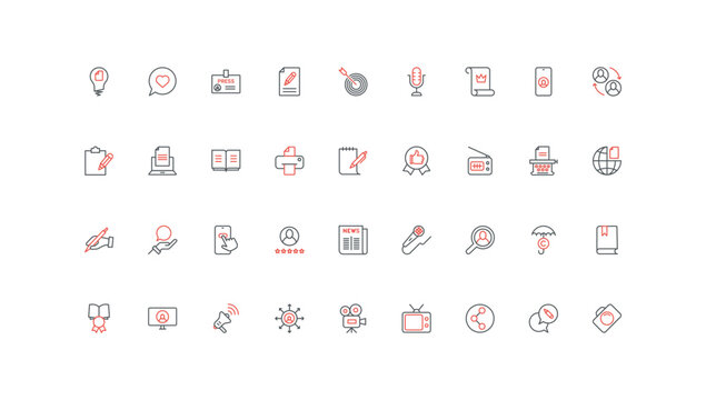 TV news, mass media publication and article in newspaper line icon set. Authors pen to write story and essay, microphone for video blog content thin black and red outline symbols vector illustration