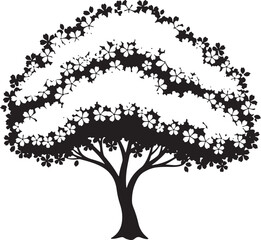 Fototapeta premium Stylized silhouette of a flowering tree with a unique, rounded canopy shape, showcasing spring blossoms on white background.
