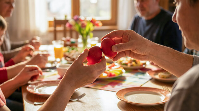 Family gathering at a table, individuals holding red eggs, celebrating Easter traditions, surrounded by festive food and vibrant decorations, showcasing the joy of cultural customs