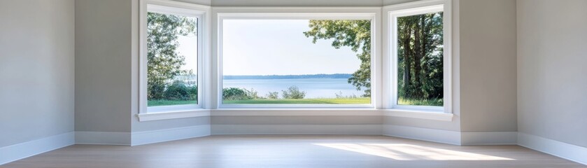 Fototapeta premium Bay Window View Serene Lake and Lush Trees, Bright and Airy Interior, Natural Light, Calmness, Real Estate, Interior Design, Water View
