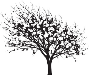 Fototapeta premium Black silhouette of a tree in full bloom with abundant flowers, celebrating nature's vibrant spring renewal.
