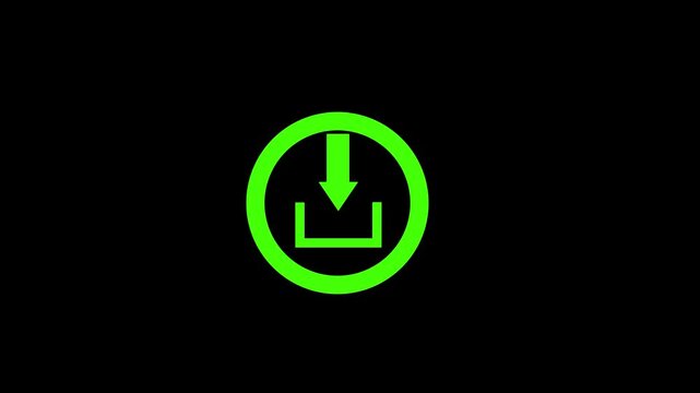 Green Download Icon Animation with Arrow Pointing Down into Tray on Black Background - High-Quality Minimalist Digital Interface Symbol for Software Updates, Data Loading, and File Saving Concepts.