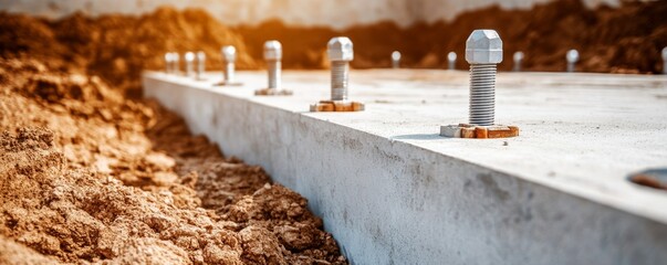 Foundation bolts emerging from concrete slab, construction site detail, shallow depth of field, warm lighting, anticipation of growth. Construction, Industry