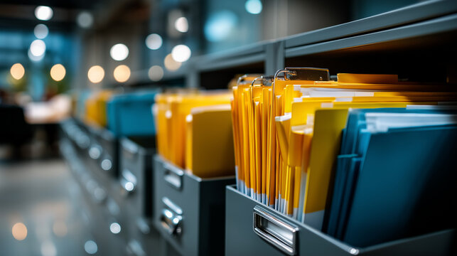 Row of filing cabinets with yellow and blue folders organized systematically office storage document filing system administrative organization records management color coded