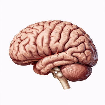 holographic, digital illustration showcasing an isolated, simplified brain on a white background