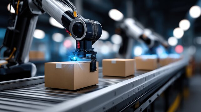 Robotic arm operates in a sleek advanced manufacturing facility, moving packages on a conveyor. Ideal for showcasing future technology and industrial automation.