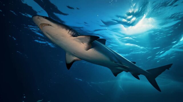 Breathtaking scene showing lone great white moving through sunlightdappled waters