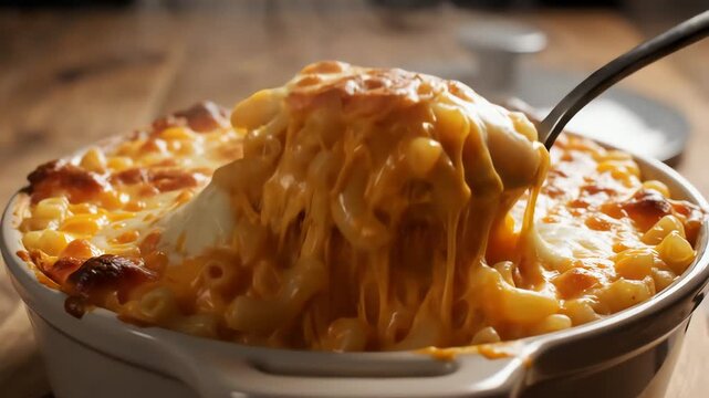 Baked pasta dish with cheese and spoon close up culinary photography