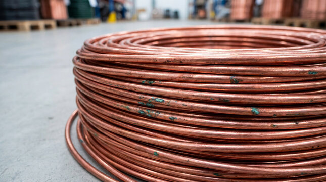 Close-up of thick copper wire coiled into a tight circular form. Rich reddish metallic sheen with subtle oxidation spots.