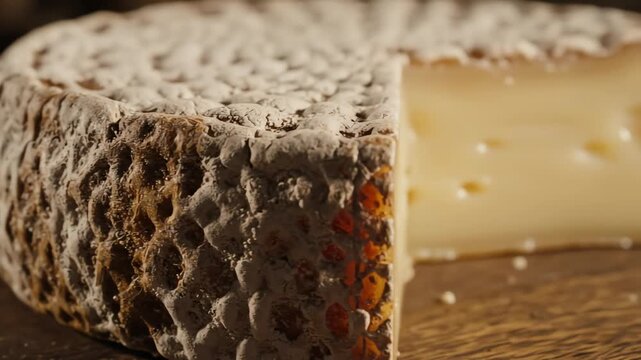 Close up of a rustic cheese wheel showcasing texture and detail